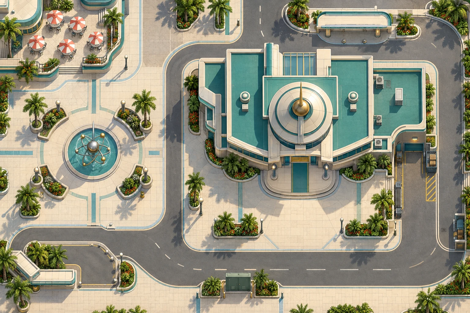 Overhead civic district with cafe, exterior office, service lane and streets